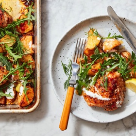 Sheet-Pan Chicken with Potatoes, Arugula and Garlic Yogurt