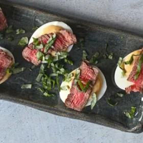 Steak and Roasted Red Pepper Deviled Eggs