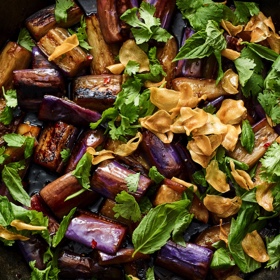 Sweet and Sour Eggplant with Garlic Chips