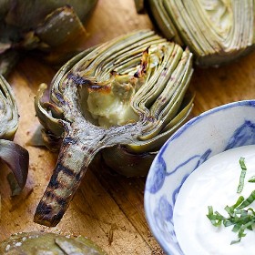 Grilled Artichokes with Lemon Aioli Dipping Sauce