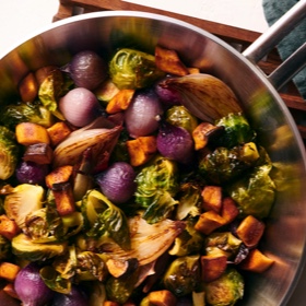 Roasted Brussels Sprouts and Onions with Mushroom Lardons