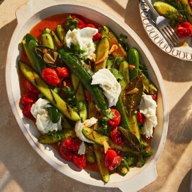 Grilled Cucumbers with Tomato-Cardamom Dressing and Mozzarella