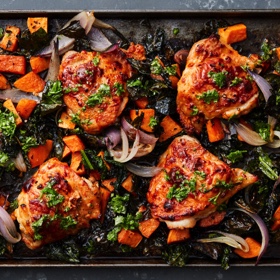 Spicy Sheet-Pan Chicken with Sweet Potatoes and Kale