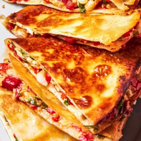 Shrimp, Roasted Red Pepper, and Cilantro Quesadillas for Two