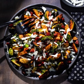 Skillet-Roasted Brussels Sprouts with Chorizo and Manchego Cheese