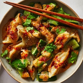 Dumpling and Smashed Cucumber Salad with Peanut Sauce