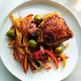 Crispy Chicken Thighs with Peppers, Capers and Olives