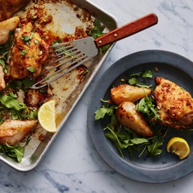 Sheet-Pan Roasted Chicken with Pears and Arugula