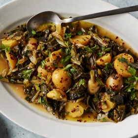 Garlic-Braised Greens and Potatoes