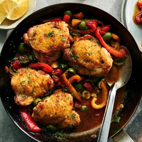 Skillet Chicken with Silky Peppers and Green Olives