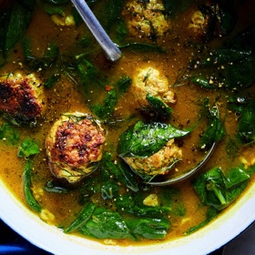 Lemony Chicken-Feta Meatball Soup with Spinach