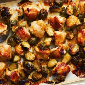 Miso-Maple Sheet-Pan Chicken with Brussels Sprouts