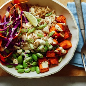 Healthy Tuna Grain Bowl with Turmeric Sweet Potatoes and Spicy Yogurt Dressing