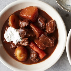 Pressure Cooker Guinness Beef Stew with Horseradish Cream