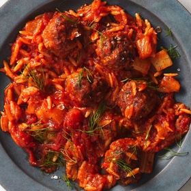 One-Pot Lamb Meatballs with Tomato, Fennel and Orzo