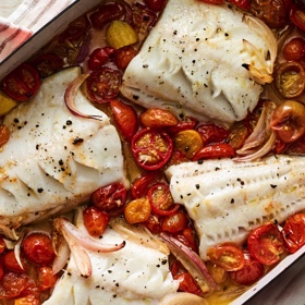 One-Pan Roasted Fish with Cherry Tomatoes